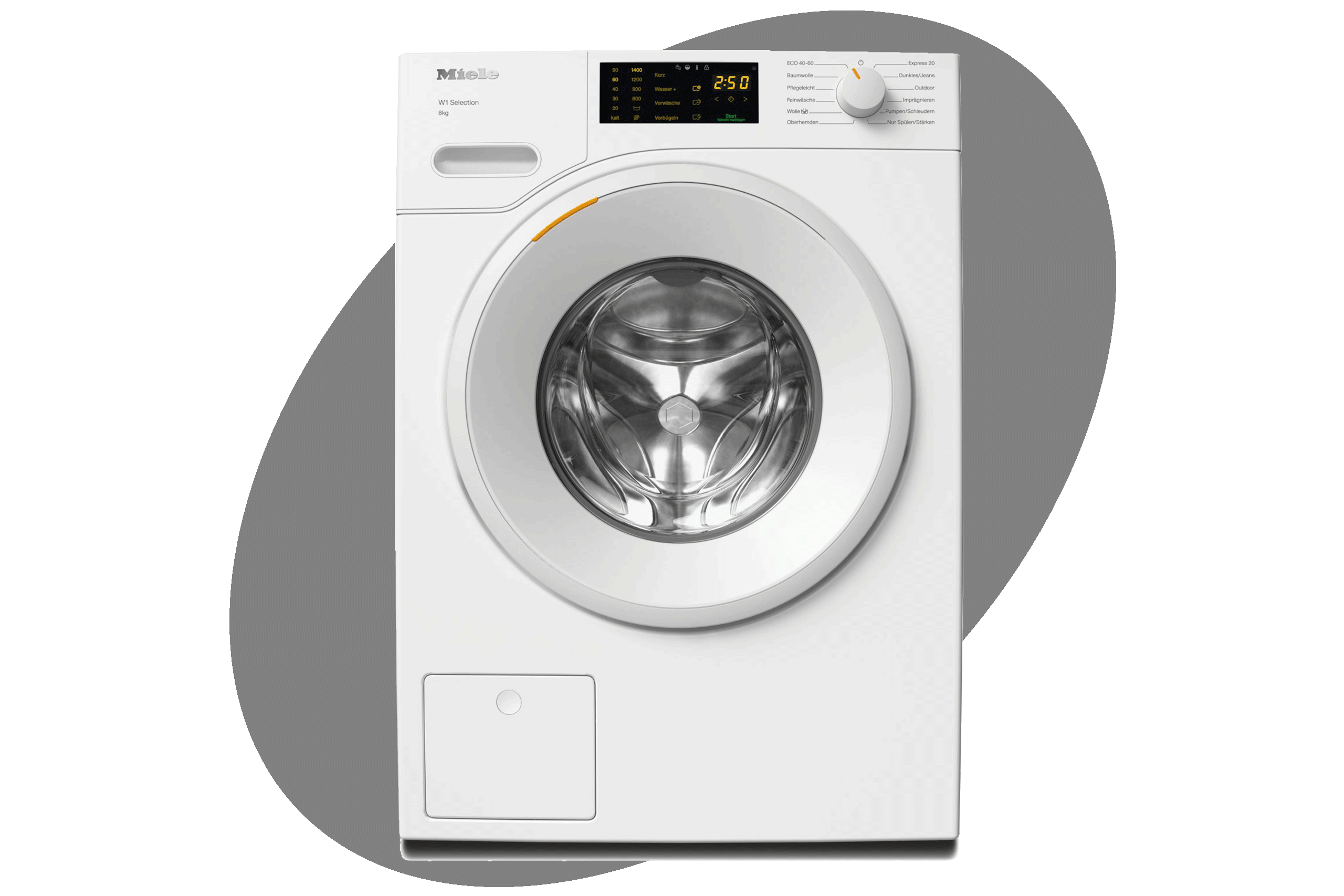 Eine Miele-WSB203 Frontlader-Waschmaschine vor grauem Grund.